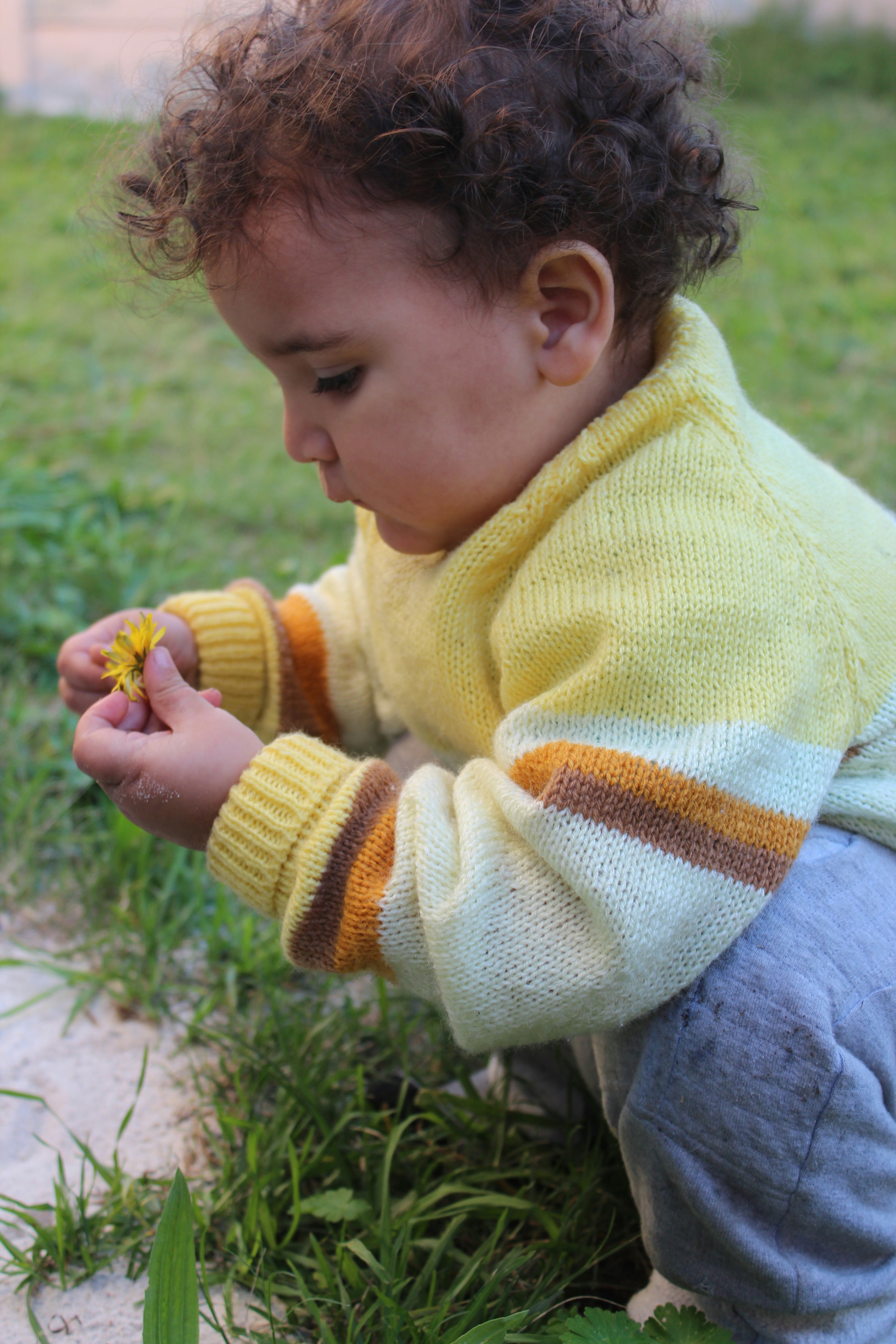 toddler crouching holding dandelion